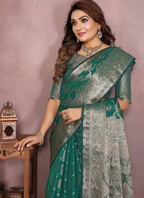 Emerald Green Color Wedding Organza Silk Saree 1