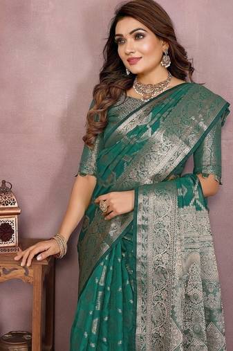 Emerald Green Color Wedding Organza Silk Saree