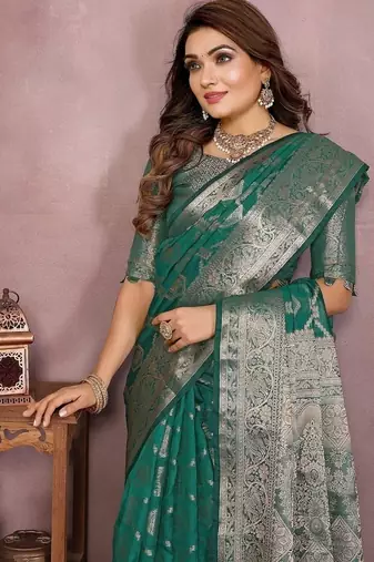 Emerald Green Color Wedding Organza Silk Saree