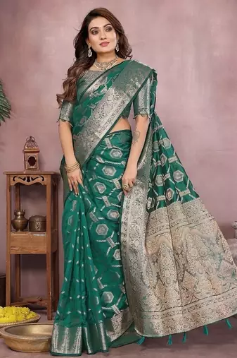 Emerald Green Color Wedding Organza Silk Saree