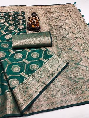 Emerald Green Color Wedding Organza Silk Saree 5