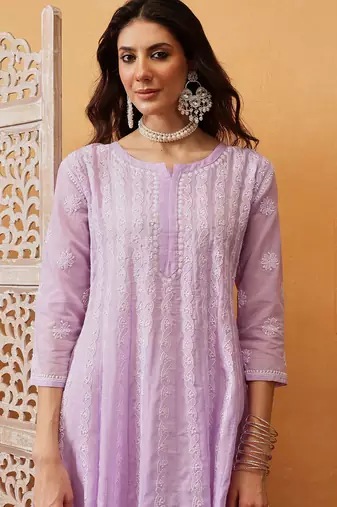 Hand embroidered lavender cotton lucknowi chikankari anarkali a-line kurta