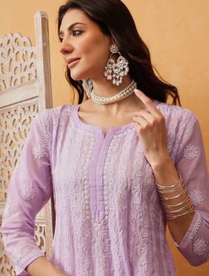 Hand embroidered lavender cotton lucknowi chikankari anarkali a-line kurta 7