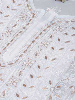 Hand embroidered white georgette lucknowi chikankari straight kurta and slip with gota patti work 6