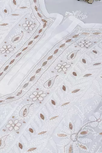 Hand embroidered white georgette lucknowi chikankari straight kurta and slip with gota patti work