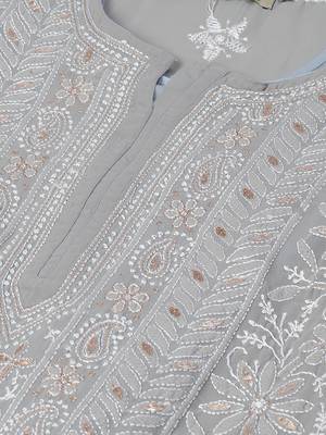Hand embroidered grey georgette lucknow chikankari straight kurta and slip with gota patti work 6