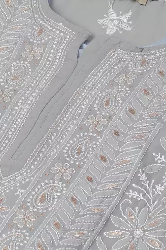 Hand embroidered grey georgette lucknow chikankari straight kurta and slip with gota patti work