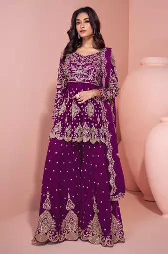Purple embroidered georgette sharara style salwar suit