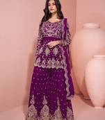 Purple embroidered georgette sharara style salwar suit