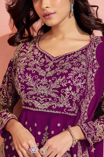 Purple embroidered georgette sharara style salwar suit