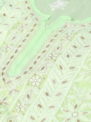 Hand embroidered green georgette lucknowi chikankari straight kurta and slip with gota patti work 6