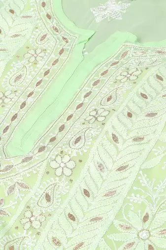 Hand embroidered green georgette lucknowi chikankari straight kurta and slip with gota patti work