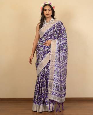 Purple cotton silk abstract print golden zari border saree with unstitched blouse piece 1