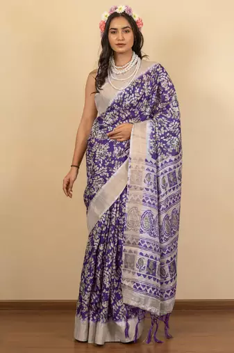 Purple cotton silk abstract print golden zari border saree with unstitched blouse piece
