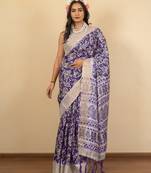 Purple cotton silk abstract print golden zari border saree with unstitched blouse piece