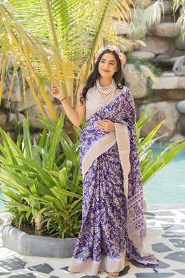 Purple cotton silk abstract print golden zari border saree with unstitched blouse piece 2