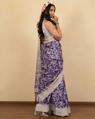 Purple cotton silk abstract print golden zari border saree with unstitched blouse piece 3
