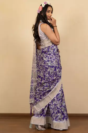 Purple cotton silk abstract print golden zari border saree with unstitched blouse piece