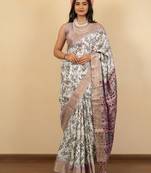 Off white cotton silk abstract print golden zari border saree with unstitched blouse piece