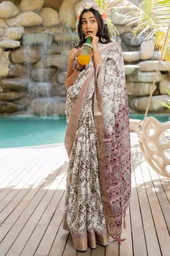 Off white cotton silk abstract print golden zari border saree with unstitched blouse piece
