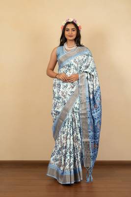 Off white cotton silk abstract print golden zari border saree with unstitched blouse piece 1