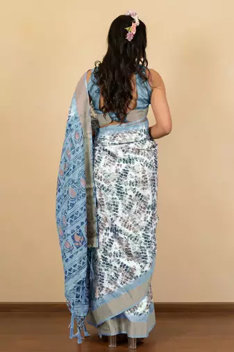 Off white cotton silk abstract print golden zari border saree with unstitched blouse piece