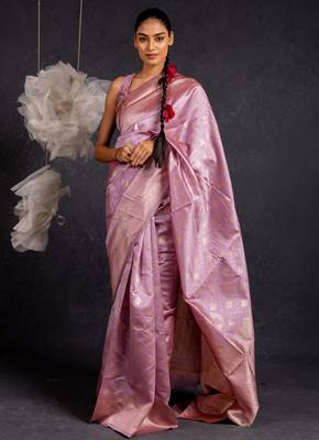 Dusty purple silk blend woven design golden zari border saree with unstitched blouse piece 1