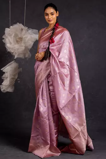 Dusty purple silk blend woven design golden zari border saree with unstitched blouse piece