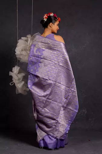 Purple silk blend woven design golden zari border saree with unstitched blouse piece