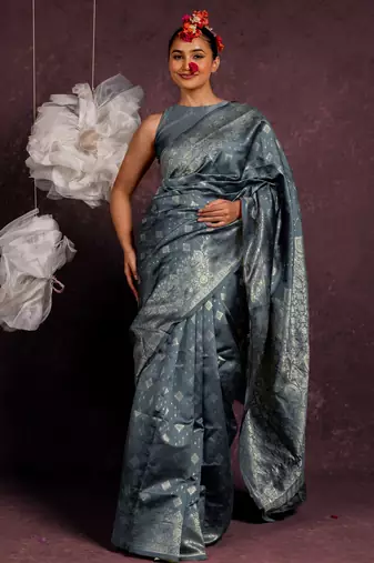 Grey silk blend zari woven design golden zari woven border saree with unstitched blouse piece