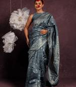 Grey silk blend zari woven design golden zari woven border saree with unstitched blouse piece