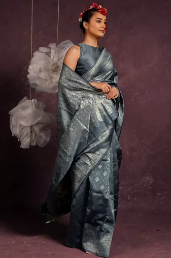 Grey silk blend zari woven design golden zari woven border saree with unstitched blouse piece