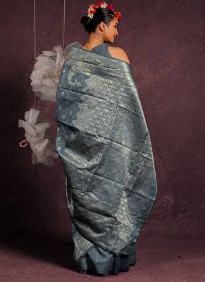 Grey silk blend zari woven design golden zari woven border saree with unstitched blouse piece 4