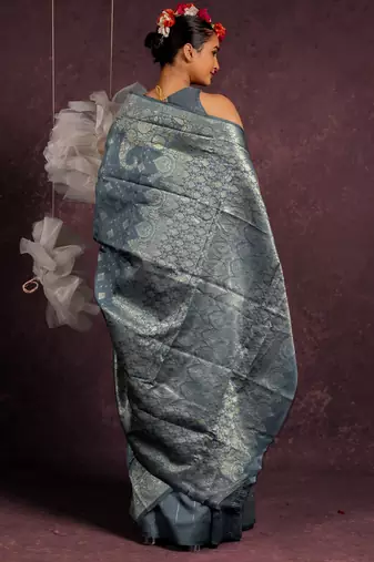 Grey silk blend zari woven design golden zari woven border saree with unstitched blouse piece