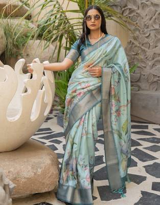 Light sea green cotton silk blend floral print zari woven border saree with unstitched blouse piece 2