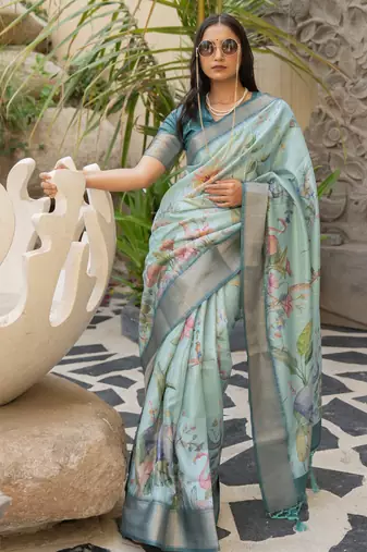 Light sea green cotton silk blend floral print zari woven border saree with unstitched blouse piece