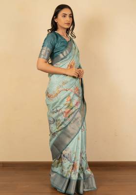 Light sea green cotton silk blend floral print zari woven border saree with unstitched blouse piece 3