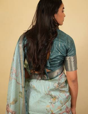 Light sea green cotton silk blend floral print zari woven border saree with unstitched blouse piece 4