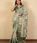 Light olive green cotton silk blend floral print zari woven border saree with unstitched blouse piece