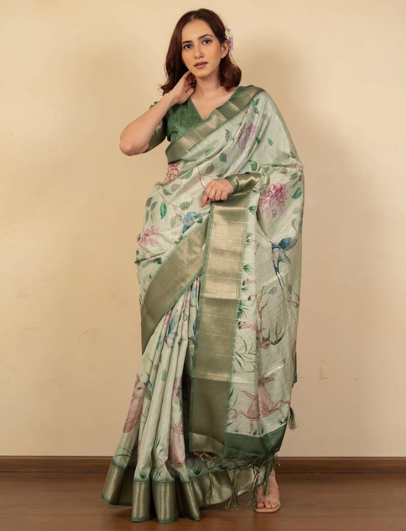 Light olive green cotton silk blend floral print zari woven border saree with unstitched blouse piece