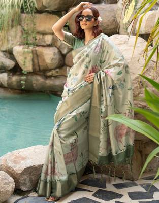 Light olive green cotton silk blend floral print zari woven border saree with unstitched blouse piece 2