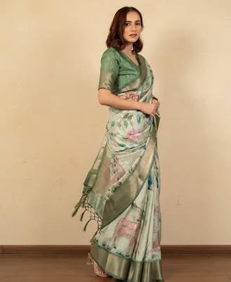 Light olive green cotton silk blend floral print zari woven border saree with unstitched blouse piece 3