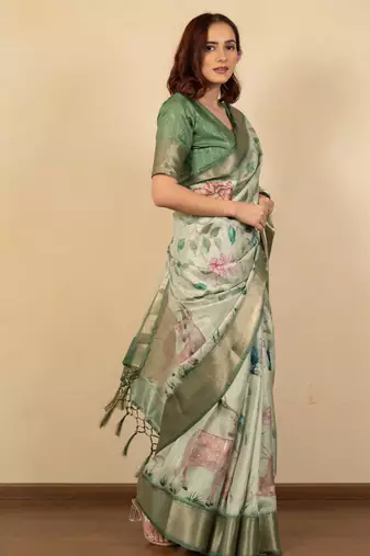 Light olive green cotton silk blend floral print zari woven border saree with unstitched blouse piece