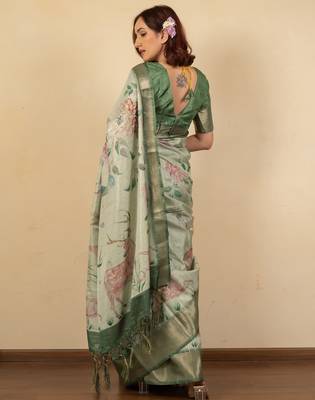 Light olive green cotton silk blend floral print zari woven border saree with unstitched blouse piece 4