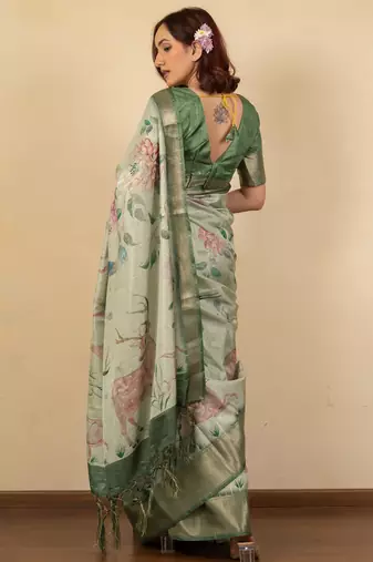 Light olive green cotton silk blend floral print zari woven border saree with unstitched blouse piece