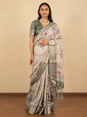 Light beige cotton silk blend floral print zari woven border saree with unstitched blouse piece 1