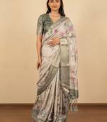 Light beige cotton silk blend floral print zari woven border saree with unstitched blouse piece
