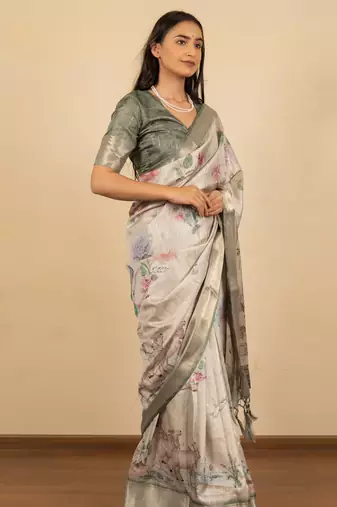 Light beige cotton silk blend floral print zari woven border saree with unstitched blouse piece