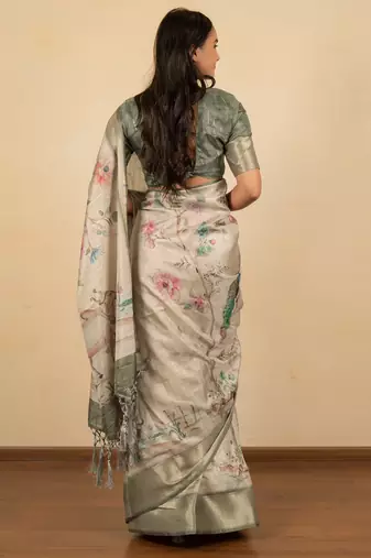 Light beige cotton silk blend floral print zari woven border saree with unstitched blouse piece