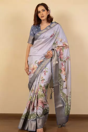 Light lavender cotton silk blend floral print zari woven border saree with unstitched blouse piece